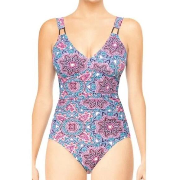 SPANX One Piece Swimsuit In Bloom Pink Blue Floral Mandala Print Small Slimming - Picture 1 of 16